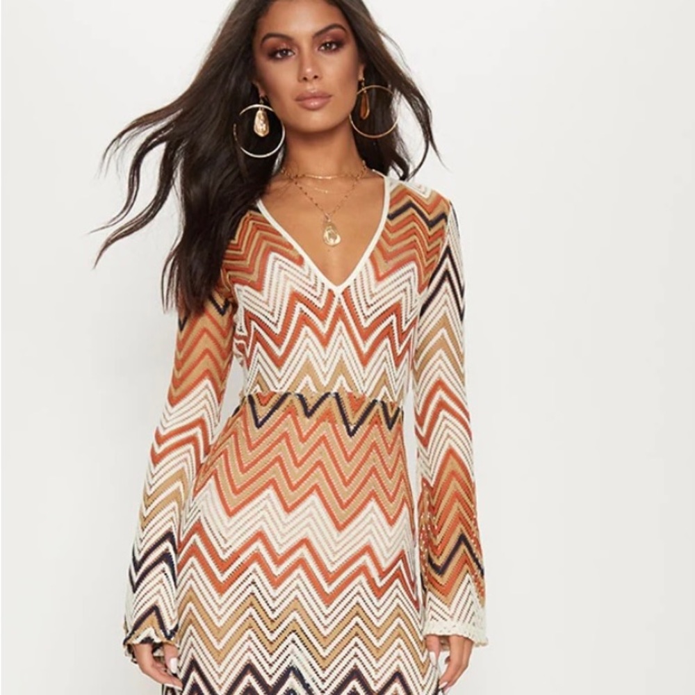 Burnt Orange Chevron Print Lace Maxi Dress